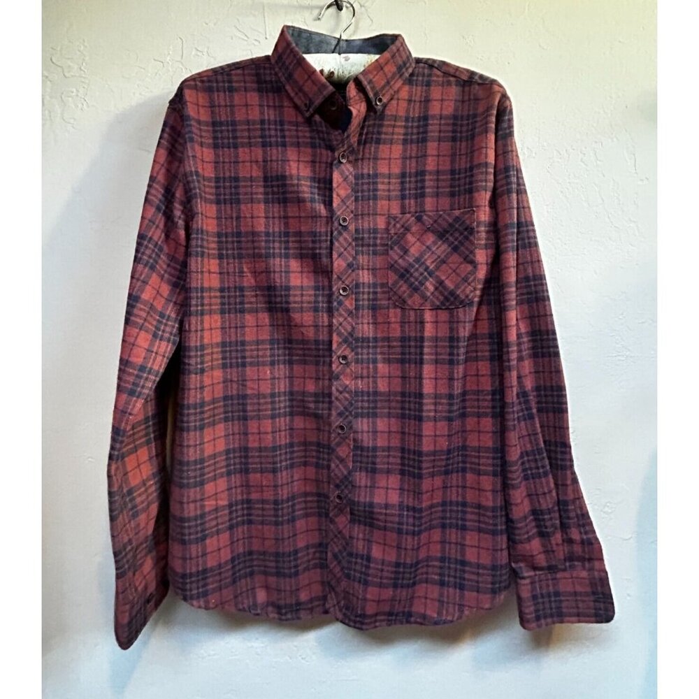 RUE Saint-Patrick Men's Button Down Long Sleeve Plaid Flannel Shirt Red Large